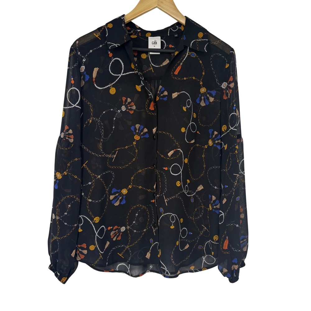Cabi 3861 Black Chain Tassel Print Sheer Button‎ Up Blouse Womens Luxury Office